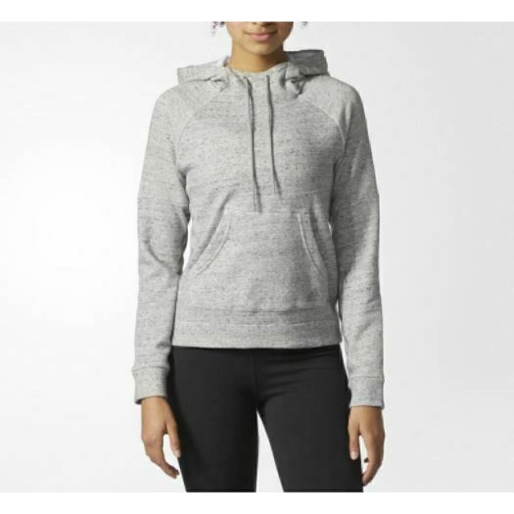 Adidas Sweatshirt Womens Medium Gray Pullover Hoodie Pockets Logo 3 Striped